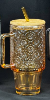 Vintage Embossed Drinking Glass Cup with Bamboo Lid and Glass Straw