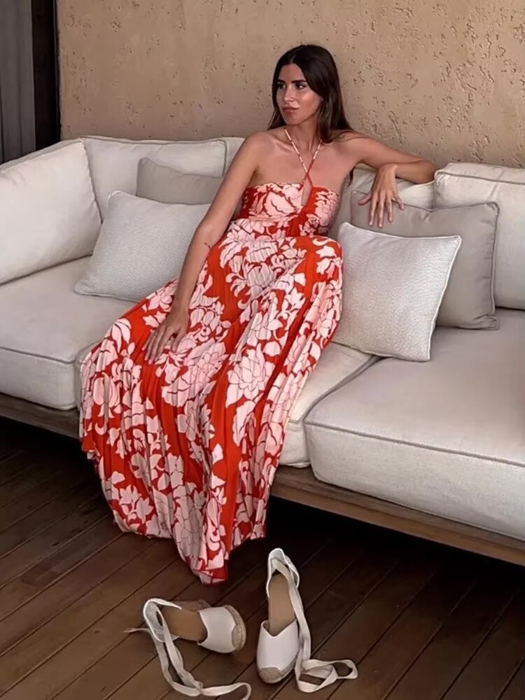 Print pleat halter bandage maxi dress