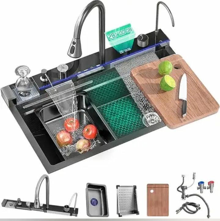 Modern kitchen sink Black Stainless with Tap extendable