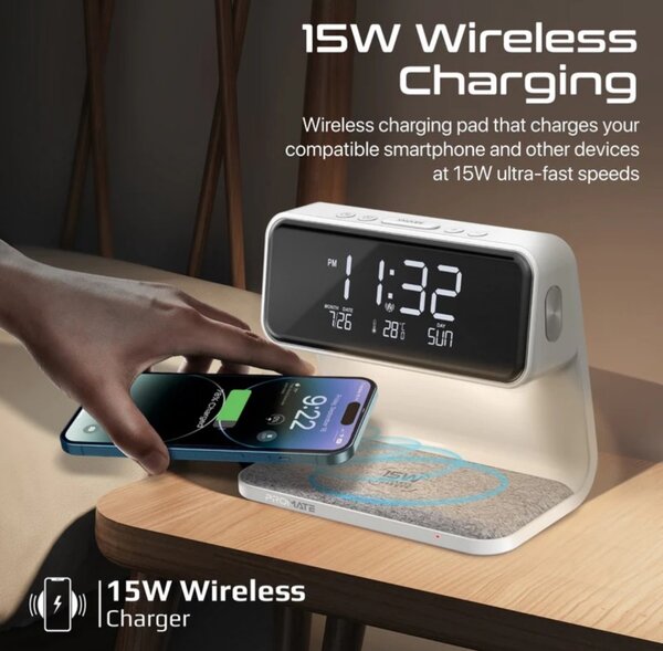 Promate LED Alarm Clock with 15W Wireless Charger