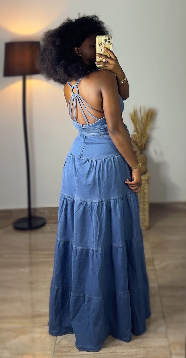 Robe longue en denim bleu