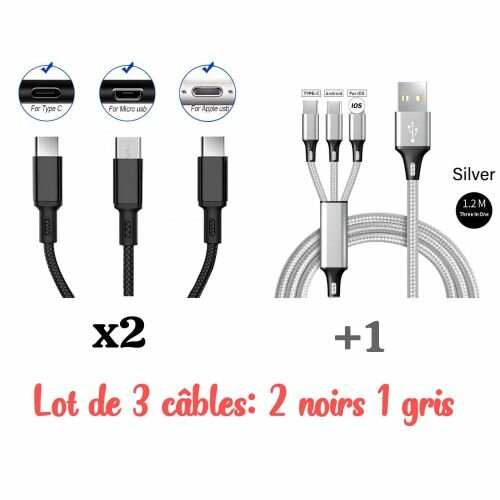 Lot De 3 Câbles Multiport Pour Téléphones Android Et Iphones - Noir Et Gris