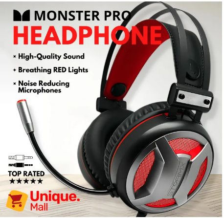 Monster PRO-II RGB Gaming Headphones with Mic for PC, Pubg Mobile, PS4, Xbox, Laptop - 360° Surround Sound, Deep Bass Wired Headset, Noise Cancelling Microphone, LED Lights, Gaming Headphones for Streaming, Esports, and Console Gaming - Unique Mall