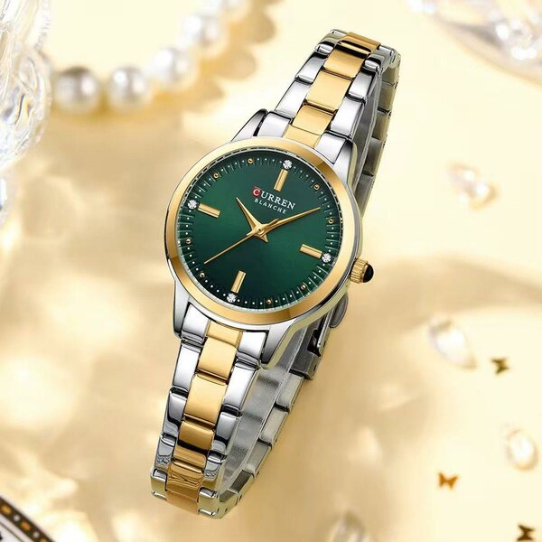 Montre Cuir Vert Doré Elegant