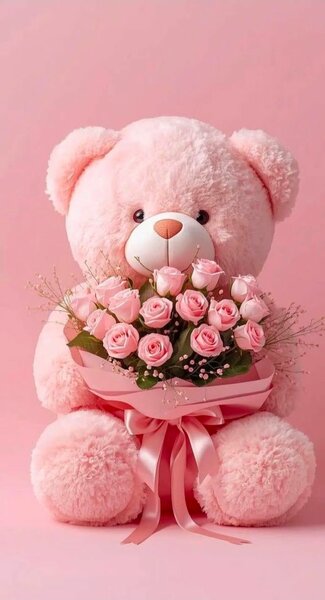 Ours en peluche rose avec bouquet de fleurs