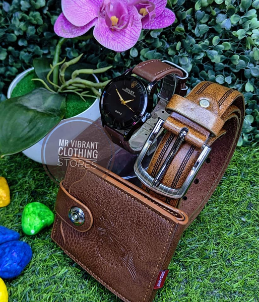 A combo of a wrist watch, wallet and a belt 