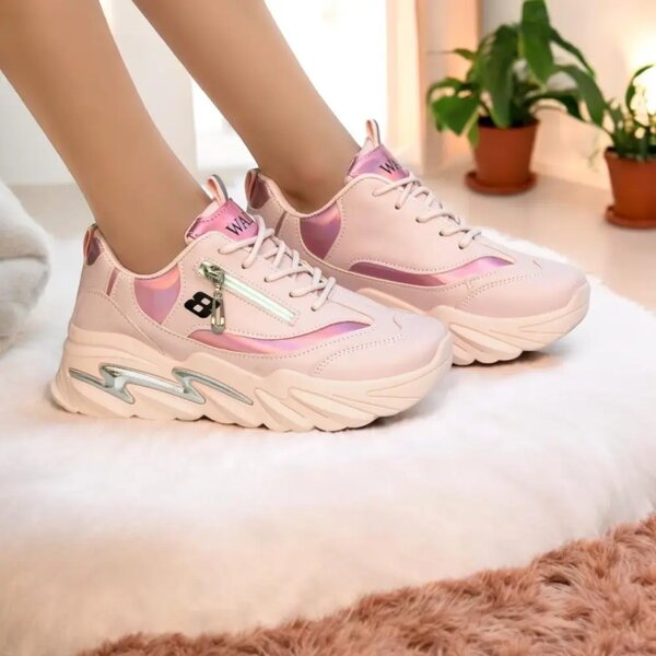 Women Pink Sneakers - Thick Sole with Zip Style