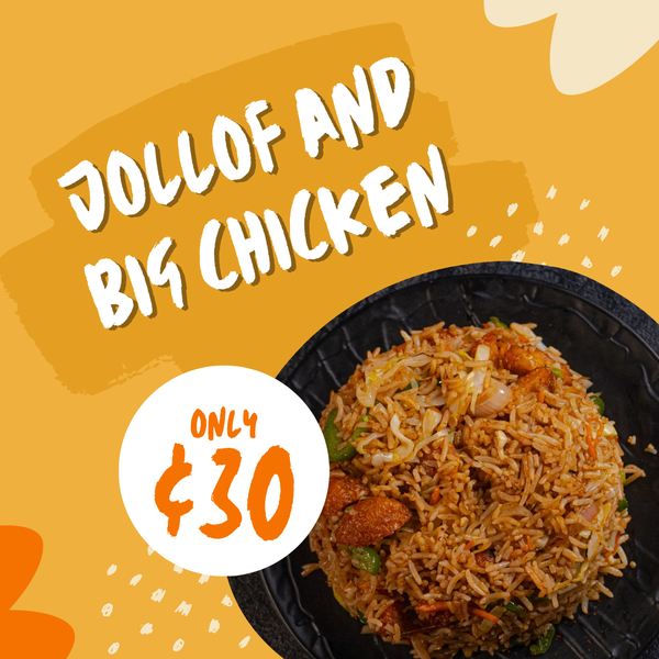 Spicy jollof and fried rice with chicken