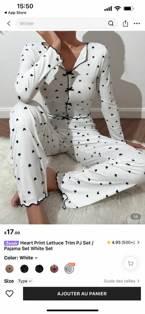 Combinaison de nuit à motifs cœurs