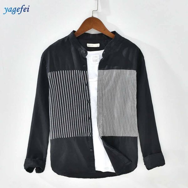 Chemise noire rayée en lin