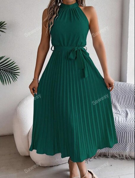 Halterneck pleated belted midaxi