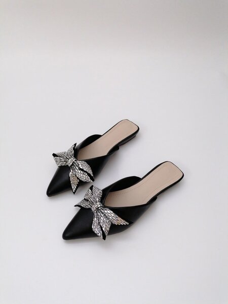 Rhinestone & bow decor point toe flat mules