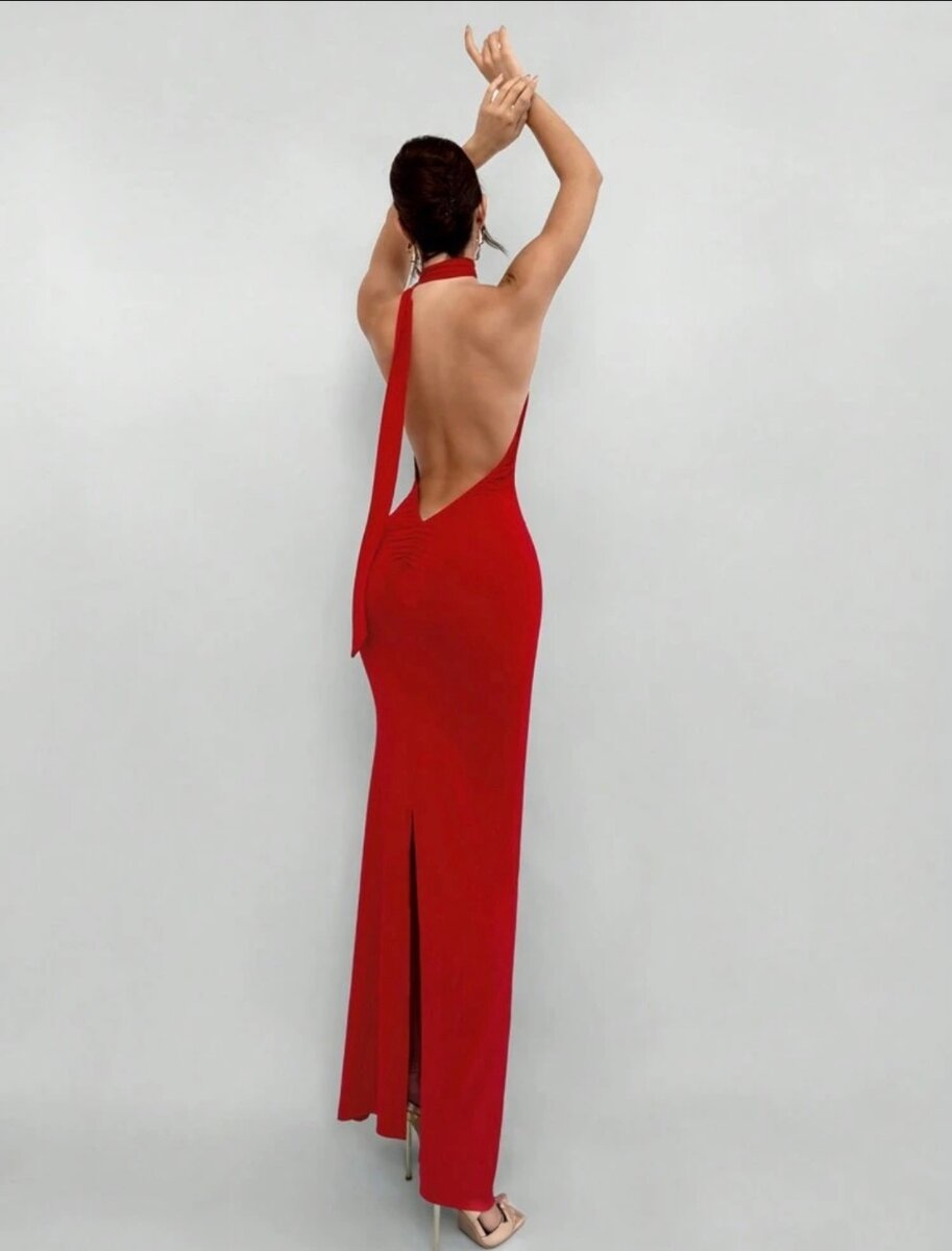 Red Backless Halter Dress For Date