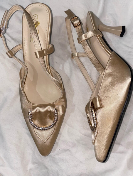 Women's Golden Pumps with Pointed Toe, Straps and Rhinestone Jewelry