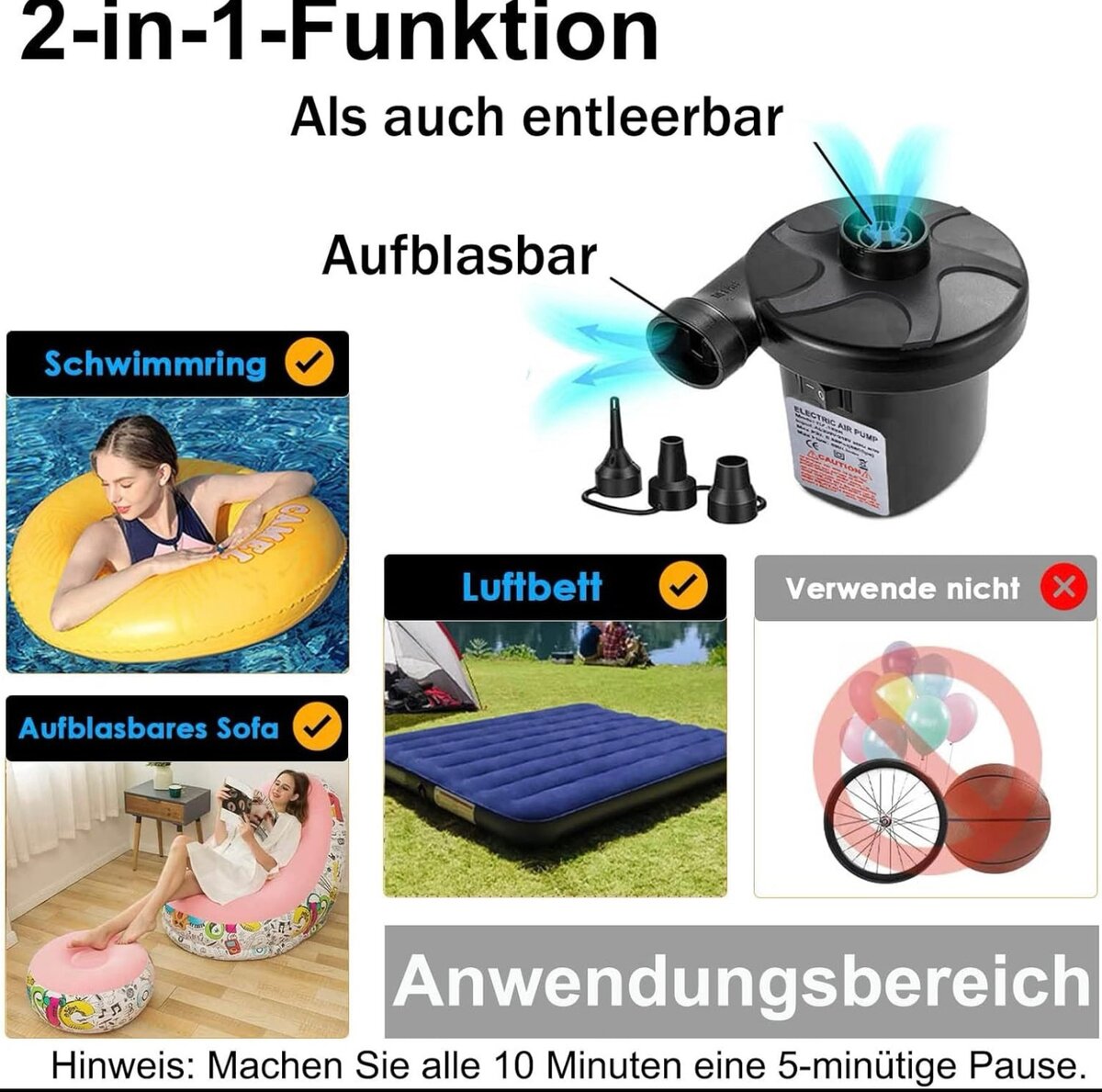 Pompe à air électrique pour gonfler et dégonfler avec 3 buse