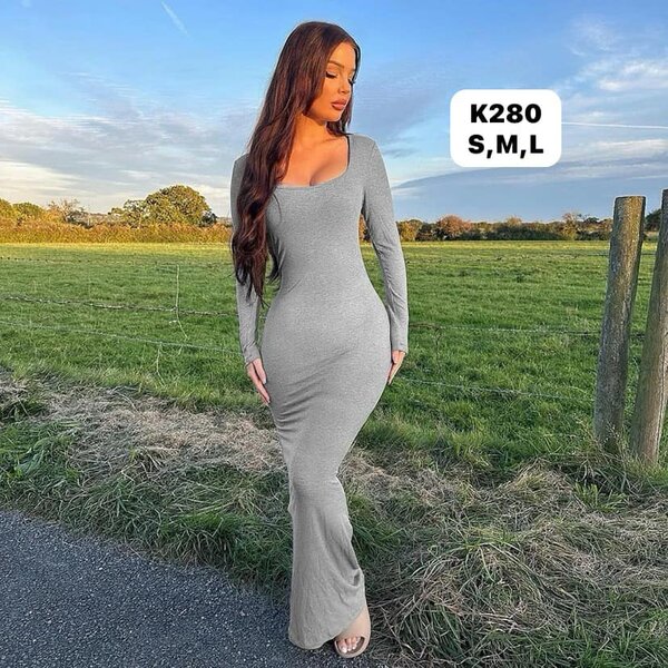 Women's Long Grey Dress with Long Sleeves