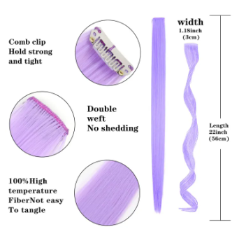 Hair Extensions Clip In Neon Hair Extension Hairpieces Party Highlights Synthetic Halloween Hair Accessories Colored Straight Extension Clip Ins for Kids Girls 22" 1pcs