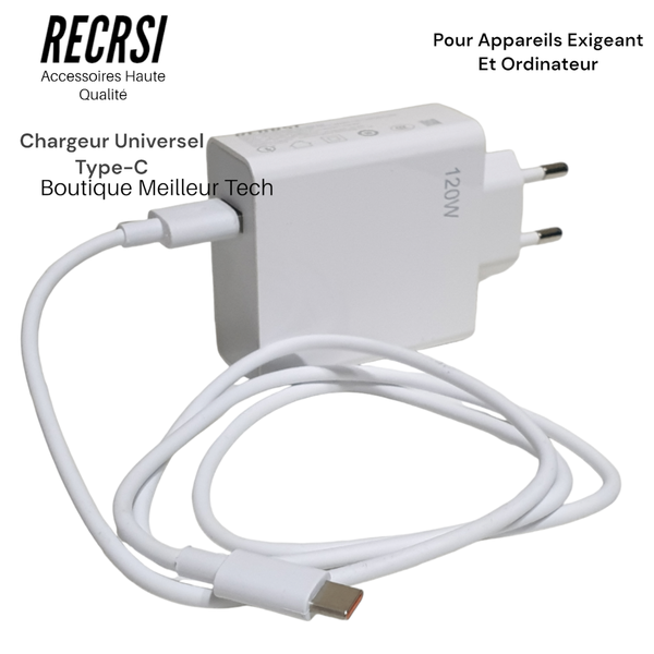 Chargeur Rapide 120W Universel Type-C - Téléphone Ordinateur