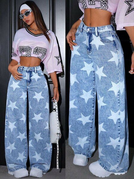 Jean large imprimé étoiles femme
