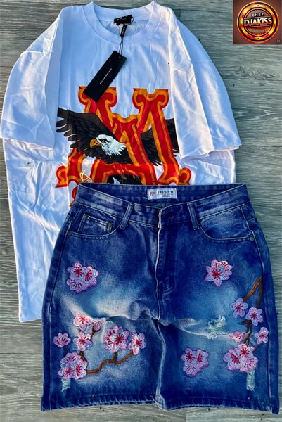 T-shirt et short en denim brodé