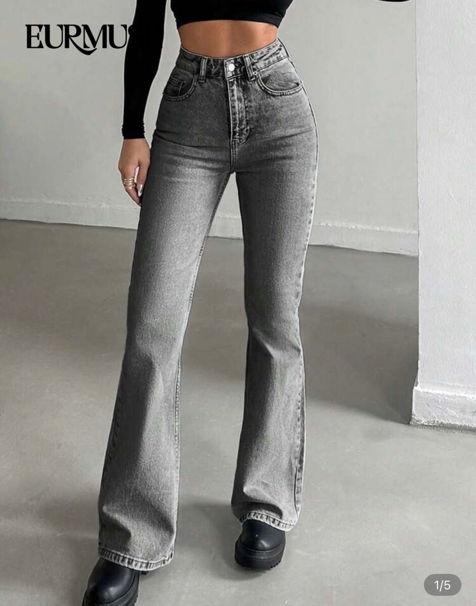 Jean évasé taille haute gris