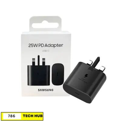 100% Genuine 3 Pin Type C Samsung Adapter 25W PD With Type-C to C Super Fast Cable In Black For S21 Ultra / S22 S22 Ultra S23 Ultra A72 A52