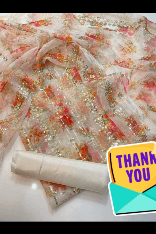 3pc Organza floral print peral and sequence work