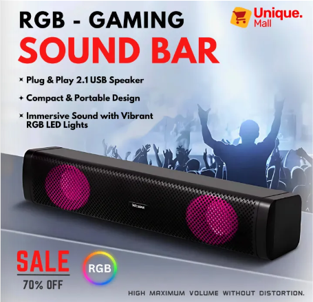 RGB USB Sound Bar – Portable 2.1 Stereo Speaker for Laptop & Desktop, Compact Gaming Audio with LED Lights, High-Quality Sound System, Plug & Play Computer Speaker for Home, Office, and Gaming Setup - Unique Mall