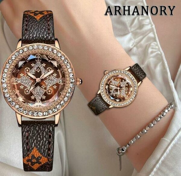 Montre femme strass cuir marron