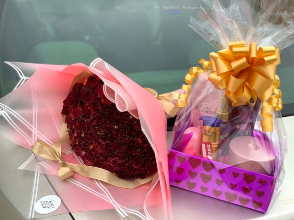 large bouquet and cosmetics