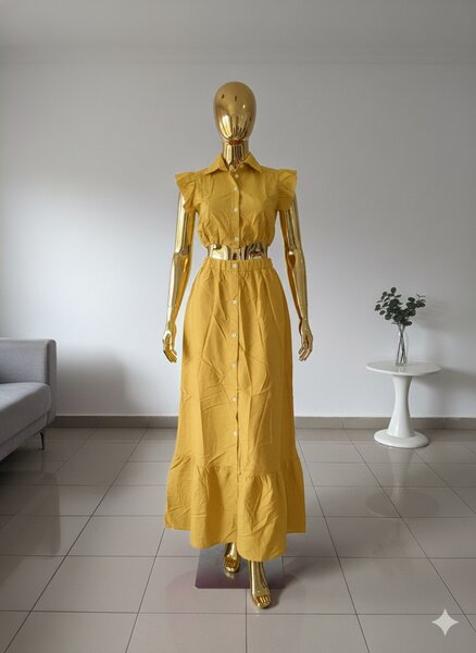 Robe longue jaune à volants
