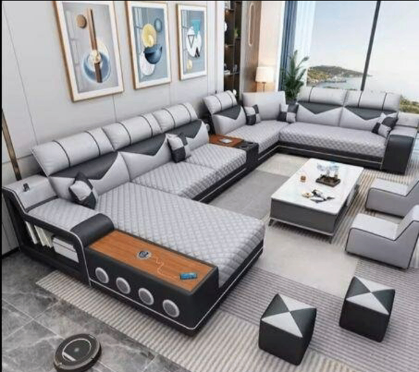 Canapé moderne design gris avec table intégrée