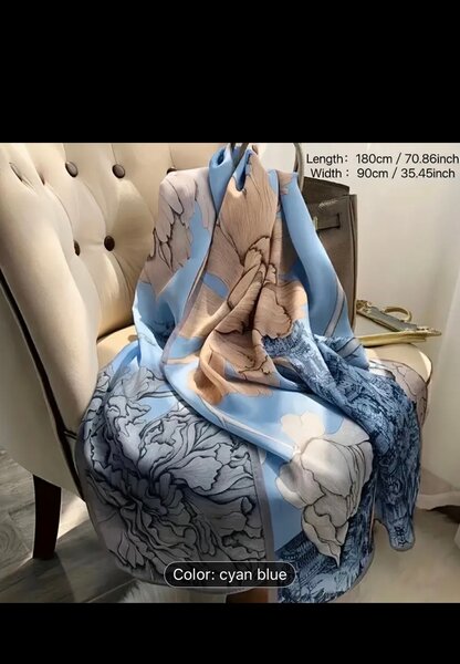 Silk Scarf Blue Floral Print Luxury Shawl