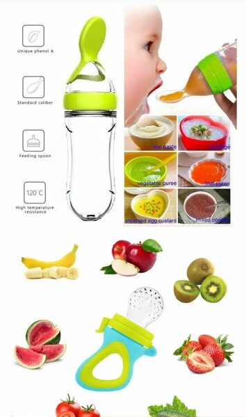 Silicon squeeze porridge bottle and fruit/veg pacifier set