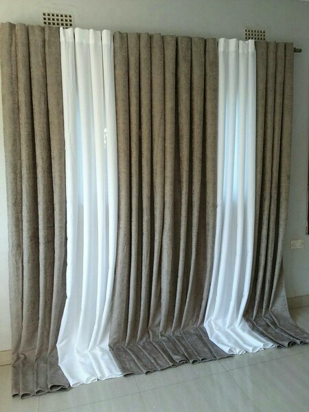 2 drops of curtains white and brown