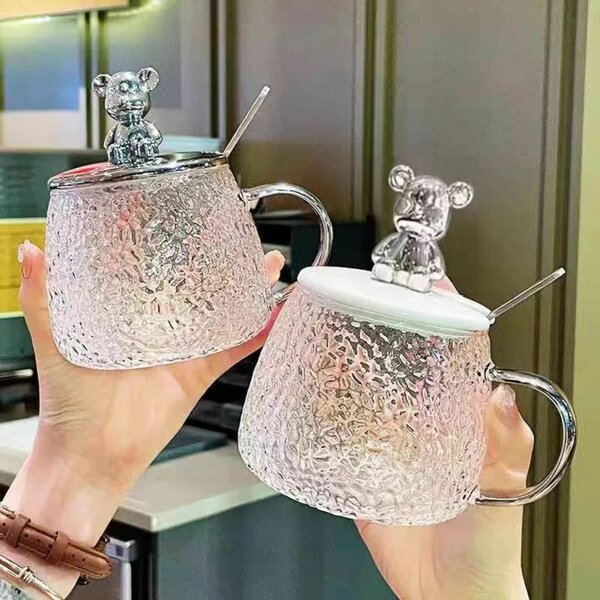 Mug en verre cristal avec couvercle nounours