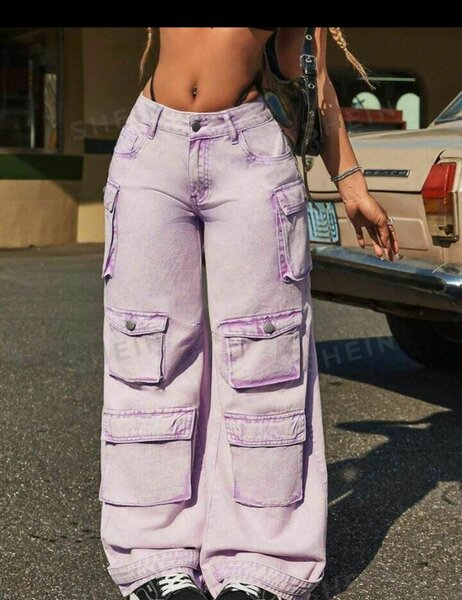 Jeans cargo larges lavés violet femme