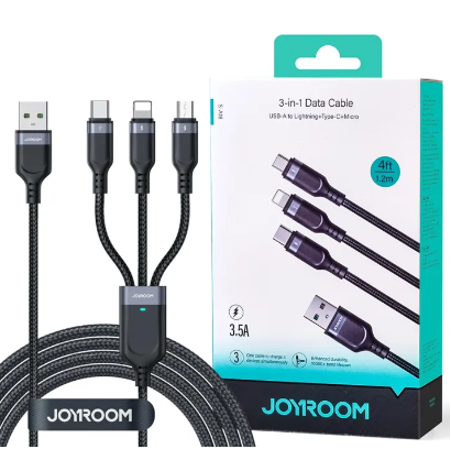 Joyroom S-1t3018a18 Multi-use 3.5a Usb-a To Lightning+type-c+micro 3-in-1 Data Cable1 2m-black
