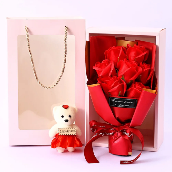 Bouquet de roses rouges artificielles avec nounours