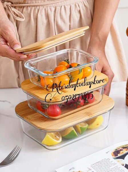 3 set Glass bowls with bamboo lids