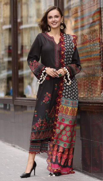 Charizma Poshima Unstitched Embroidered Leather with Printed Wool Shawl