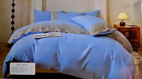 Parure de lit bleu en dentelle 6 pièces