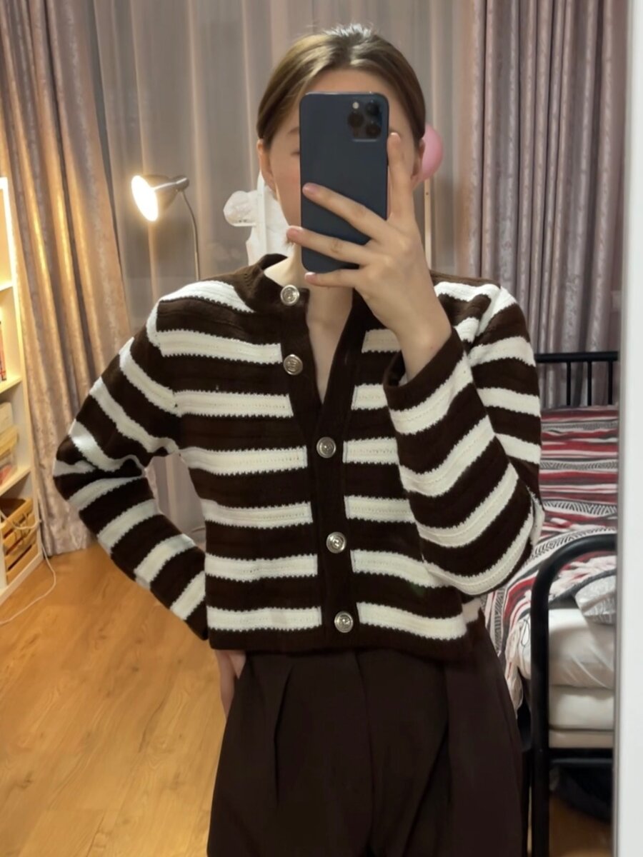 Кардиган теплый укороченный в полоску