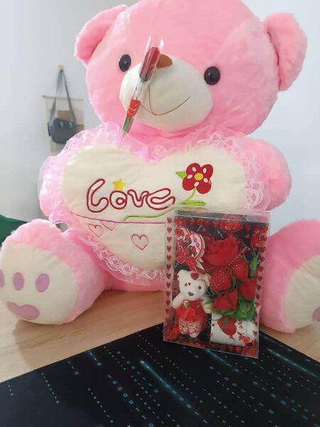 Gros ours en peluche rose avec coeur