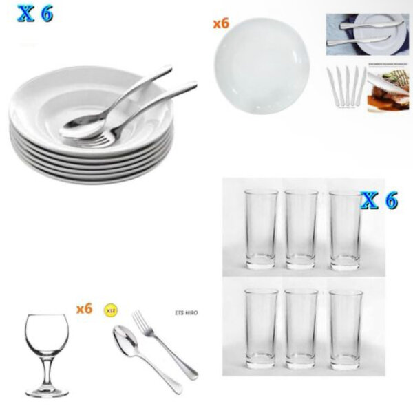 Lot De 24 Assiettes + 2 Verres + Couvert
