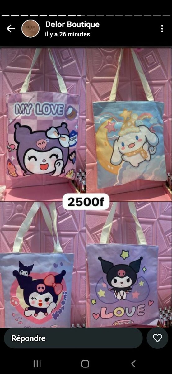 Sacs cabas kawaii personnage