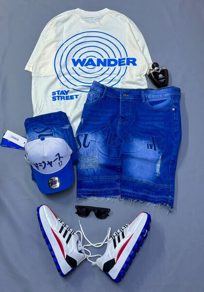 Ensemble mode homme avec T-shirt, jeans, chaussures et accessoires