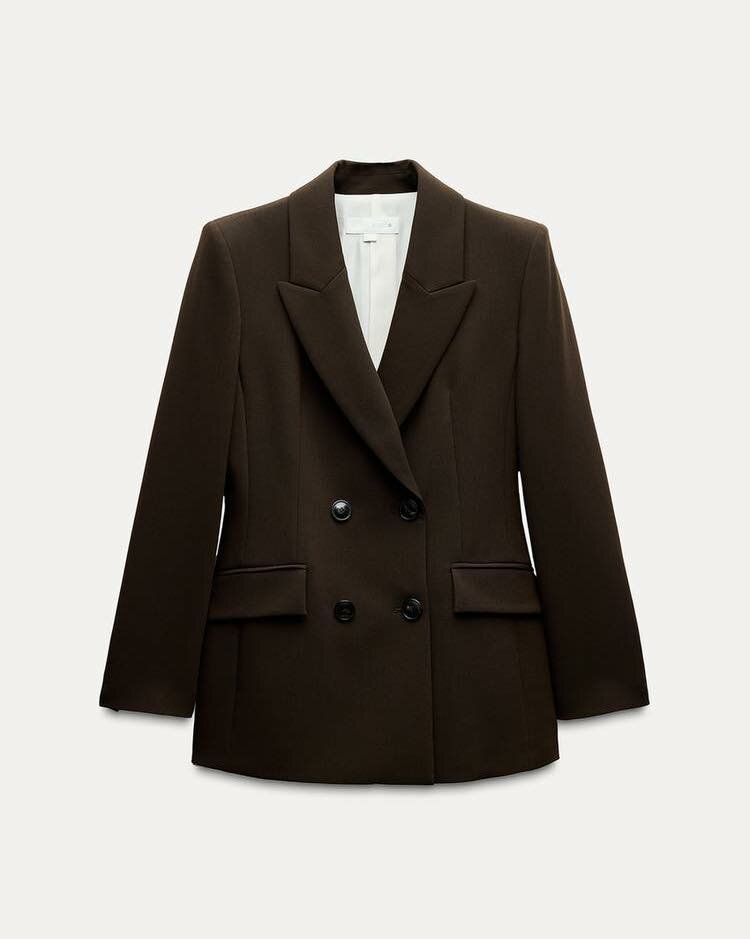 Zara Double Breasted Blazer with Elbow Patches & High-waist slim fit trouser in color brown. 