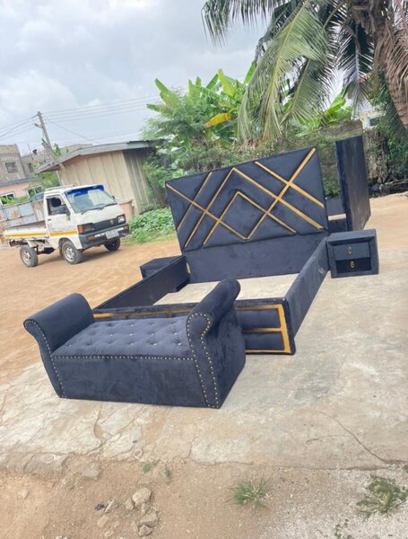 Queen size bed frame with two sides and ottoman