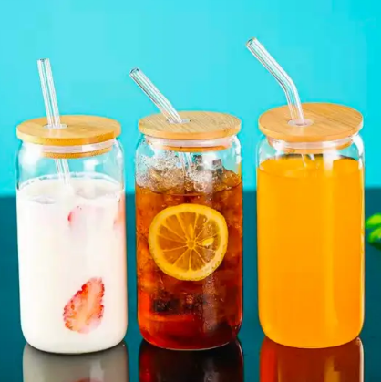 Beer Pint Soda Can Shape Drinking Glass with Bamboo Cover and Glass Straw